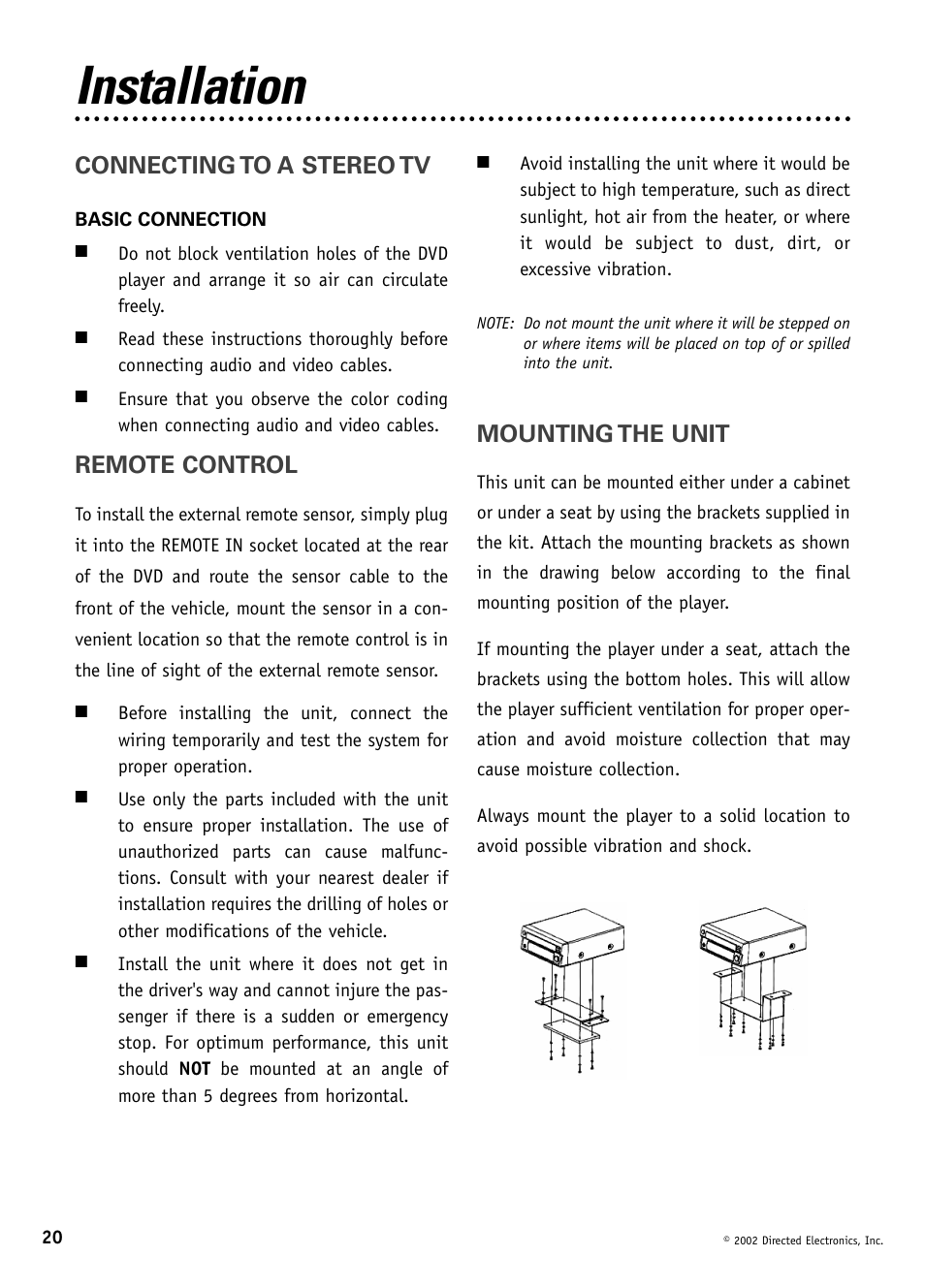 Installation, Connecting to a stereo tv, Remote control | Mounting the unit | Directed Video DV1600 User Manual | Page 20 / 24