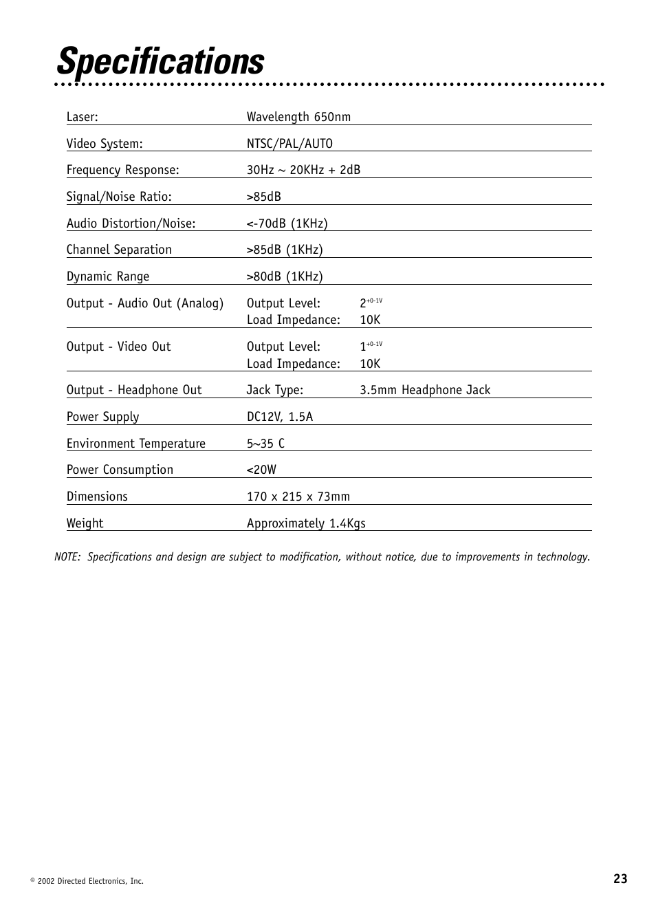 Specifications | Directed Video DV1600 User Manual | Page 23 / 24