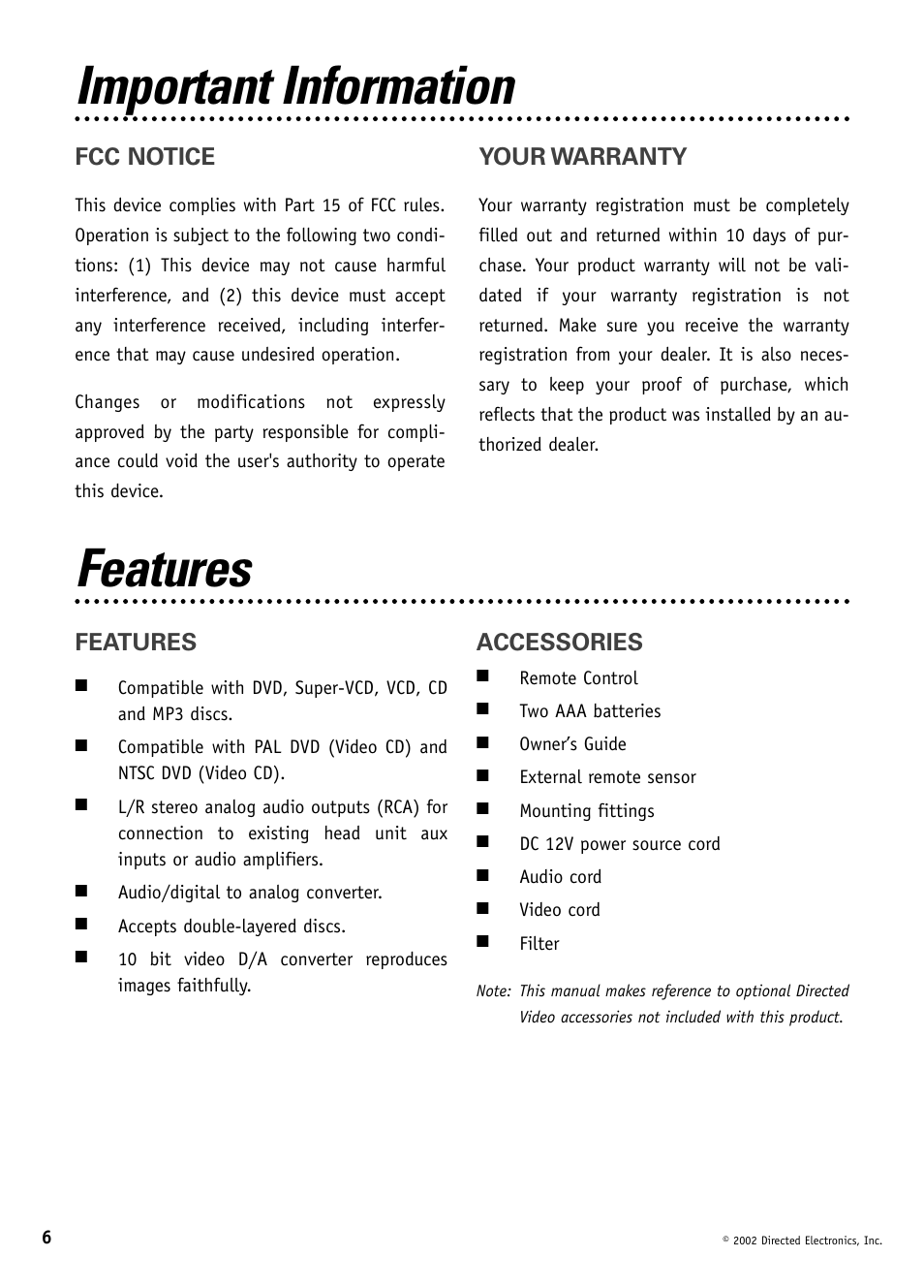 Important information, Features, Accessories | Fcc notice, Your warranty | Directed Video DV1600 User Manual | Page 6 / 24
