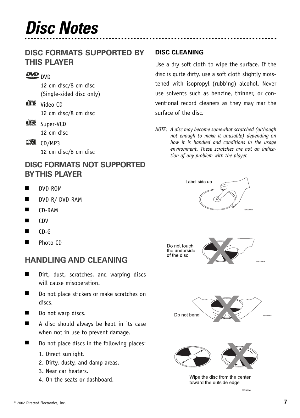 Disc formats supported by this player, Disc formats not supported by this player, Handling and cleaning | Directed Video DV1600 User Manual | Page 7 / 24