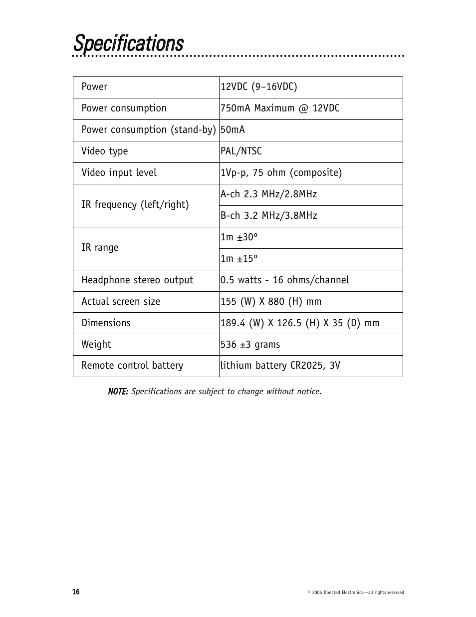 Ssppeecciiffiiccaattiioonnss | Directed Video HVM702 User Manual | Page 16 / 20