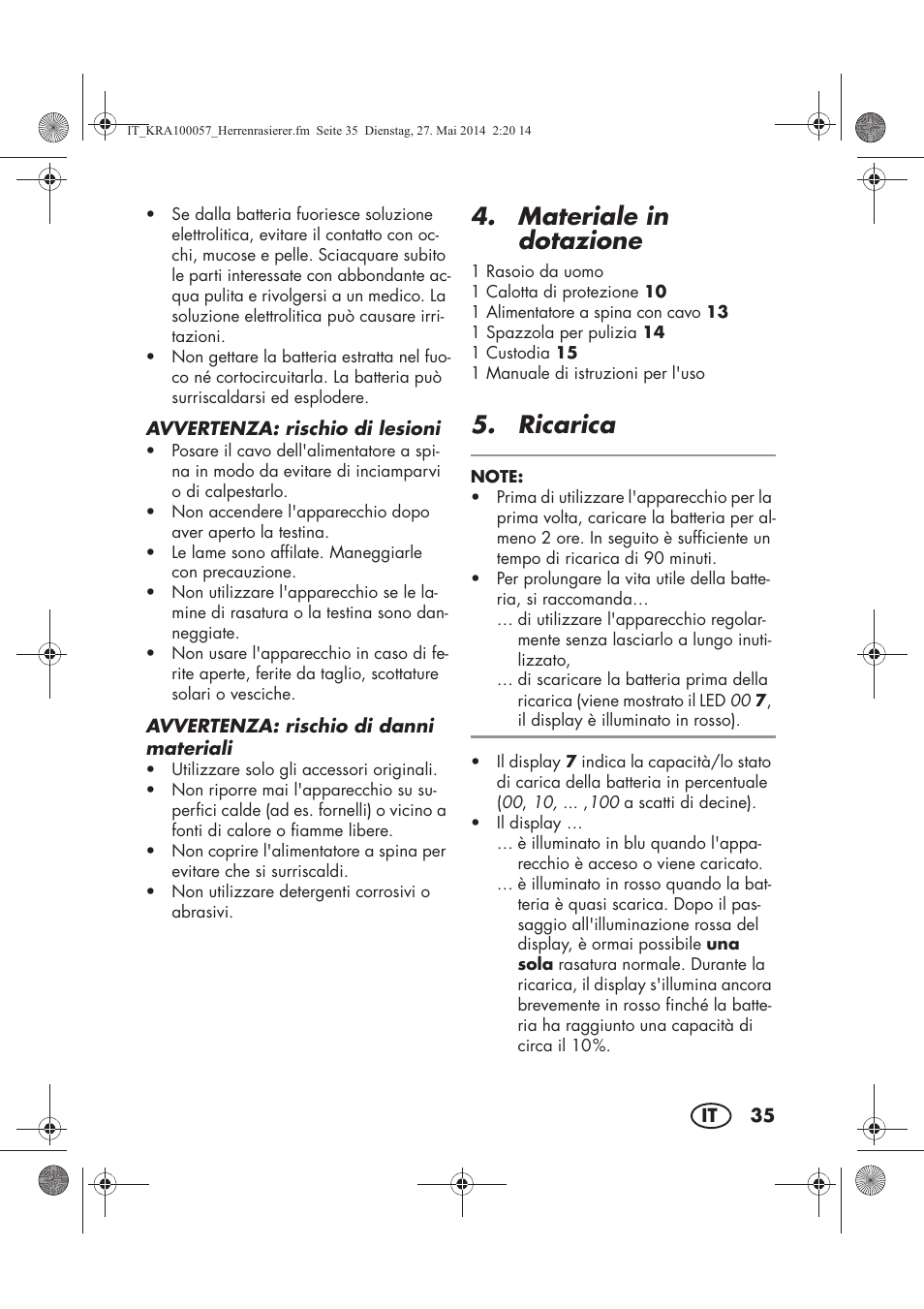 Materiale in dotazione, Ricarica | Silvercrest SFR 36 A1 User Manual | Page 37 / 62