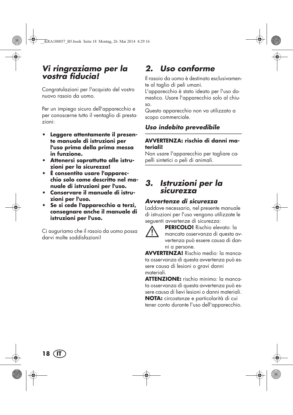 Vi ringraziamo per la vostra fiducia, Uso conforme, Istruzioni per la sicurezza | Silvercrest SFR 36 A1 User Manual | Page 20 / 74