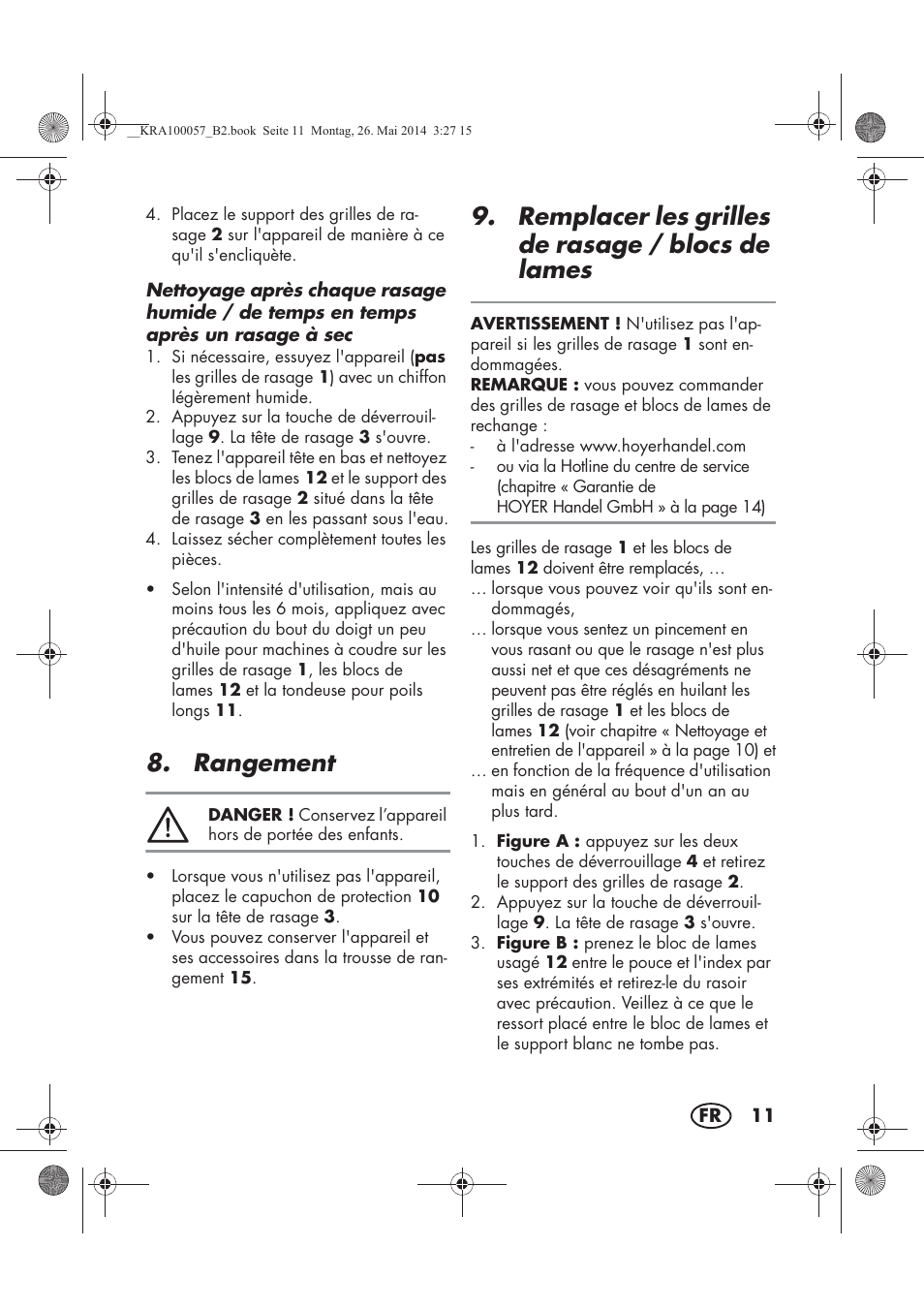 Rangement, Remplacer les grilles de rasage / blocs de lames | Silvercrest SFR 36 A1 User Manual | Page 13 / 62