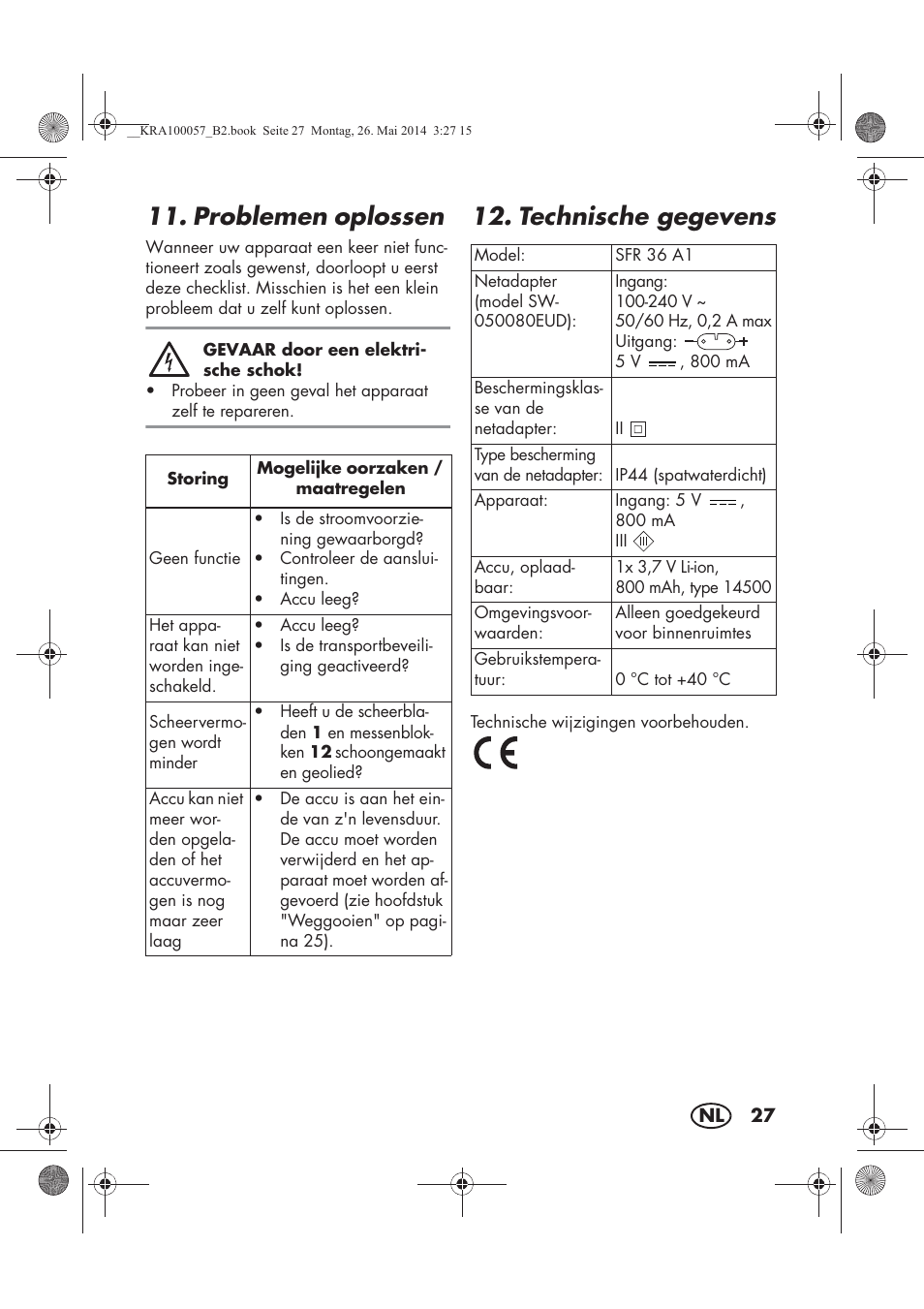 Problemen oplossen, Technische gegevens | Silvercrest SFR 36 A1 User Manual | Page 29 / 62