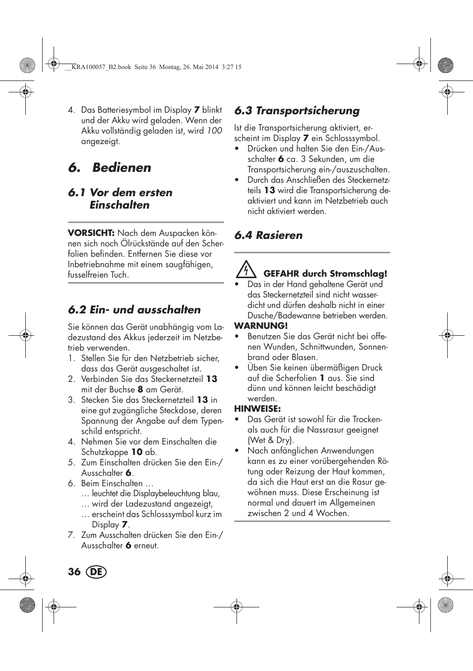 Bedienen | Silvercrest SFR 36 A1 User Manual | Page 38 / 62