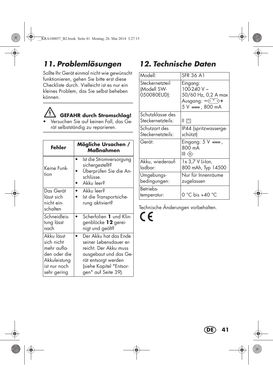 Problemlösungen, Technische daten | Silvercrest SFR 36 A1 User Manual | Page 43 / 62