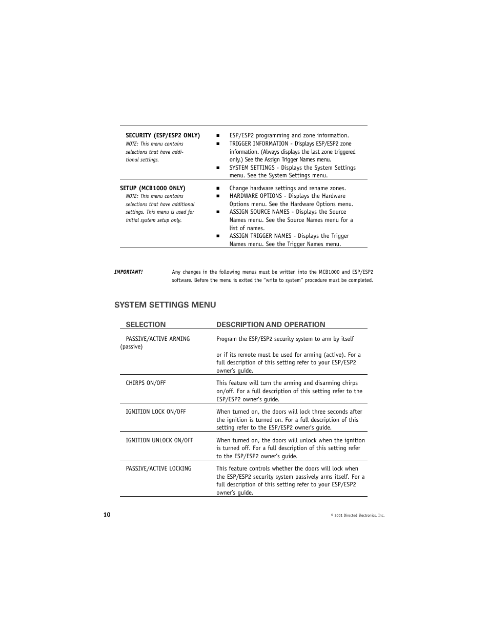 System settings menu | Directed Video RVM560 User Manual | Page 10 / 16