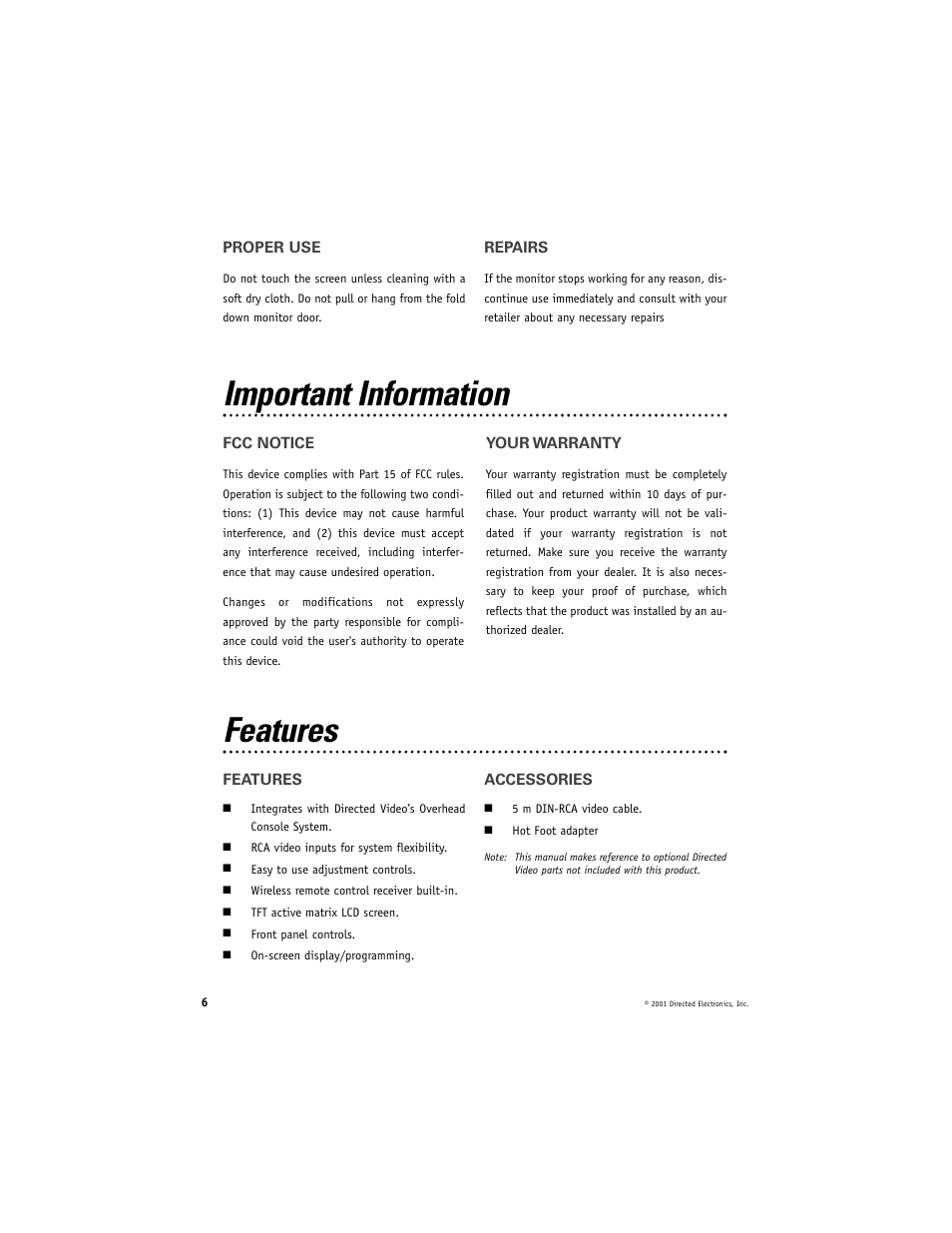 Important information, Features | Directed Video RVM560 User Manual | Page 6 / 16