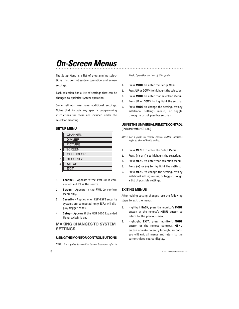 On-screen menus | Directed Video RVM560 User Manual | Page 8 / 16