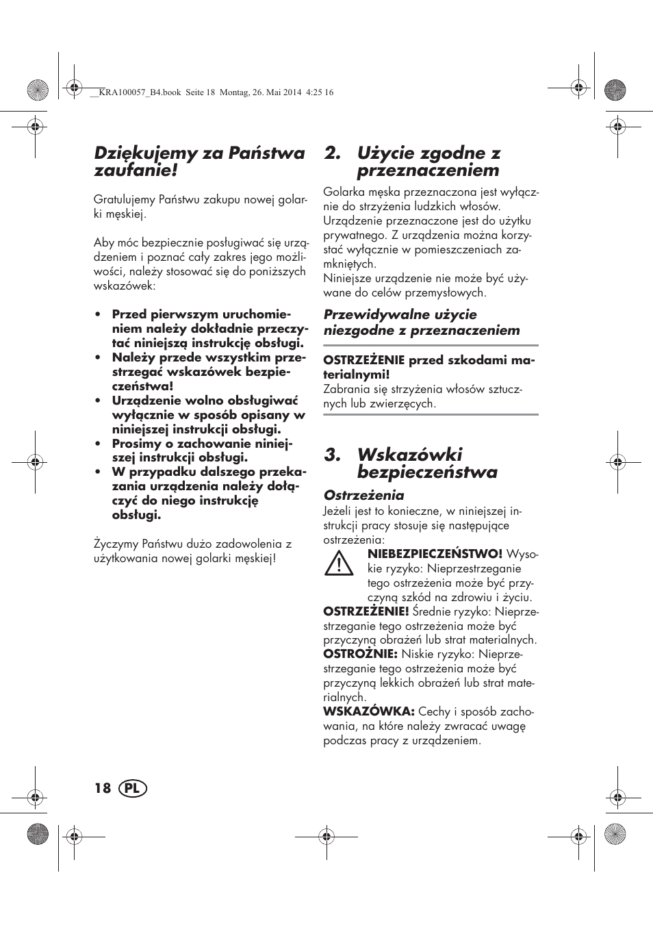 Dzikujemy za pa stwa zaufanie, U ycie zgodne z przeznaczeniem, Wskazówki bezpiecze stwa | Silvercrest SFR 36 A1 User Manual | Page 20 / 102