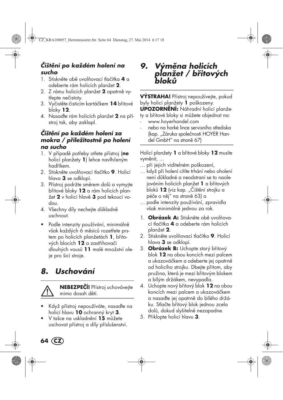 Uschování, Výmna holicích planžet / bitových blok | Silvercrest SFR 36 A1 User Manual | Page 66 / 102