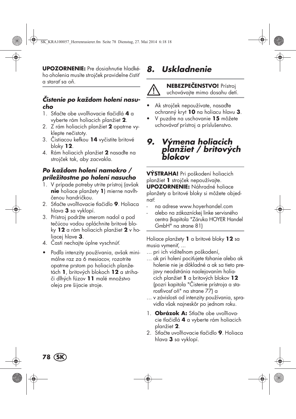 Uskladnenie, Výmena holiacich planžiet / britových blokov | Silvercrest SFR 36 A1 User Manual | Page 80 / 102