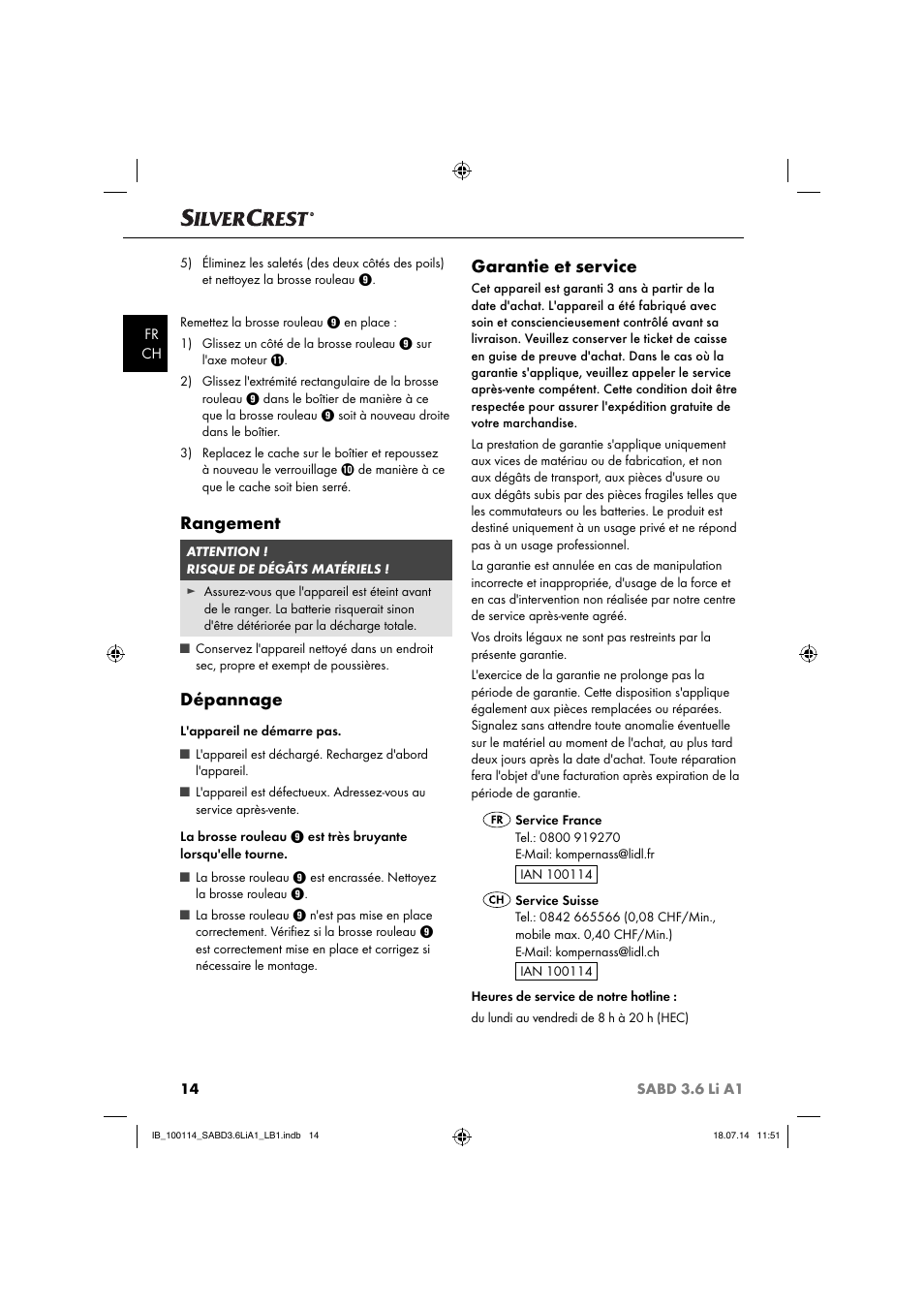 Rangement, Dépannage, Garantie et service | Silvercrest SABD 3.6 Li A1 User Manual | Page 17 / 36