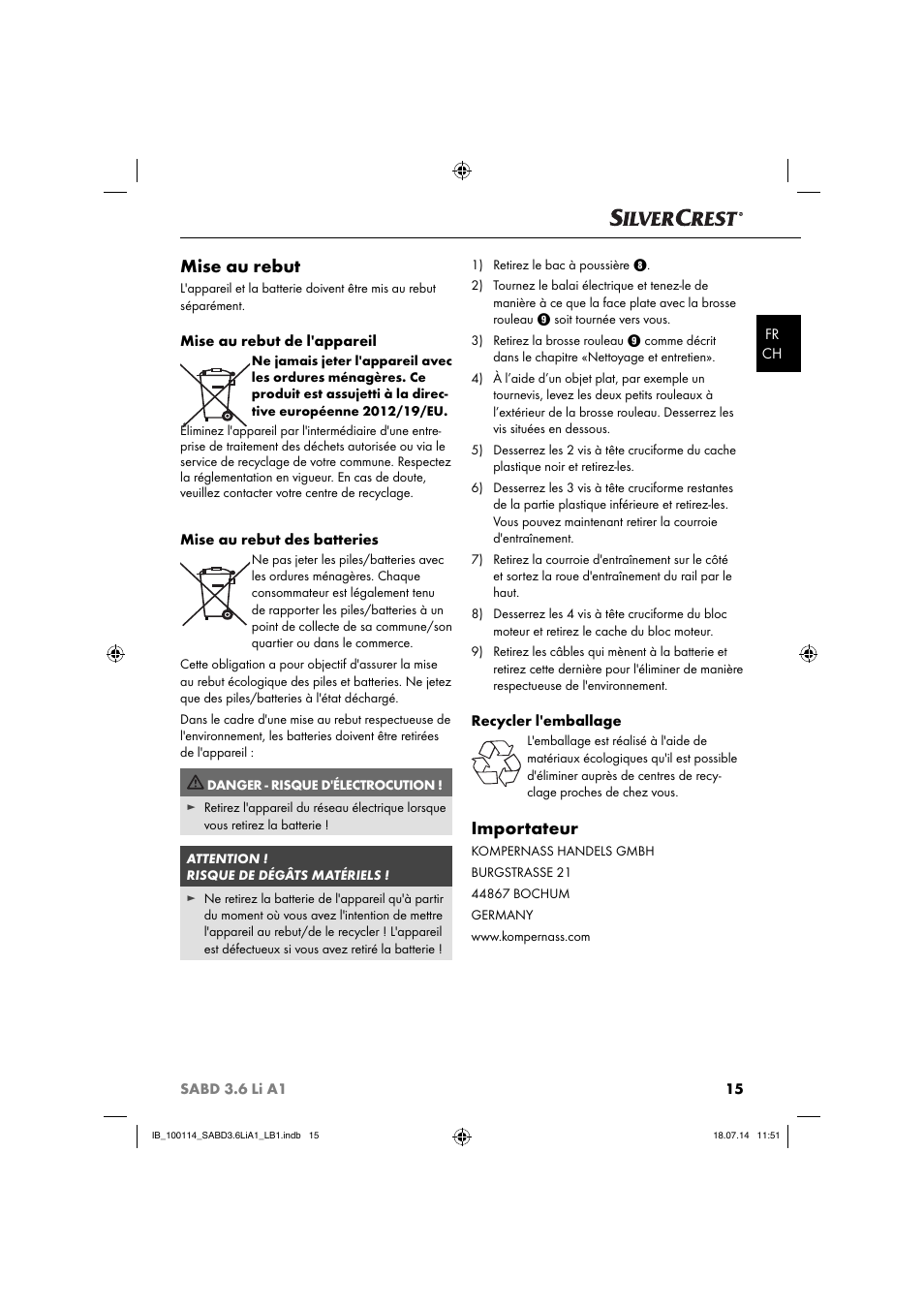 Mise au rebut, Importateur | Silvercrest SABD 3.6 Li A1 User Manual | Page 18 / 36