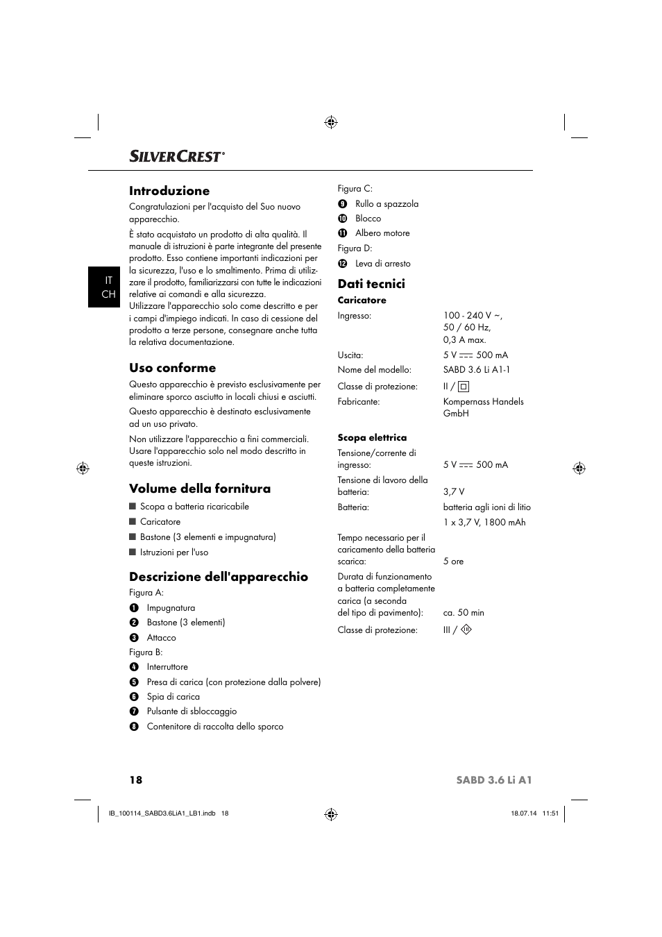 Introduzione, Uso conforme, Volume della fornitura | Descrizione dell'apparecchio, Dati tecnici | Silvercrest SABD 3.6 Li A1 User Manual | Page 21 / 36