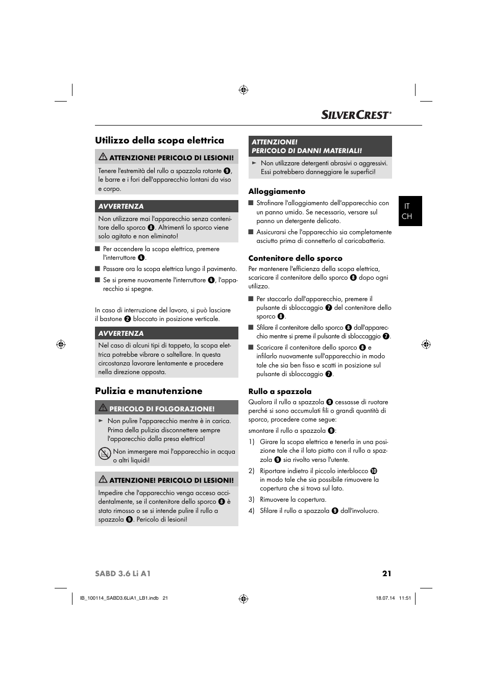 Utilizzo della scopa elettrica, Pulizia e manutenzione | Silvercrest SABD 3.6 Li A1 User Manual | Page 24 / 36