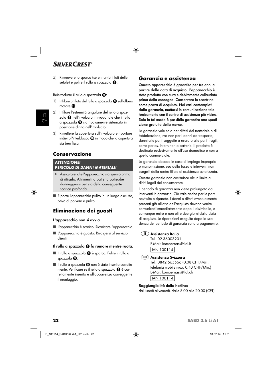 Conservazione, Eliminazione dei guasti, Garanzia e assistenza | Silvercrest SABD 3.6 Li A1 User Manual | Page 25 / 36