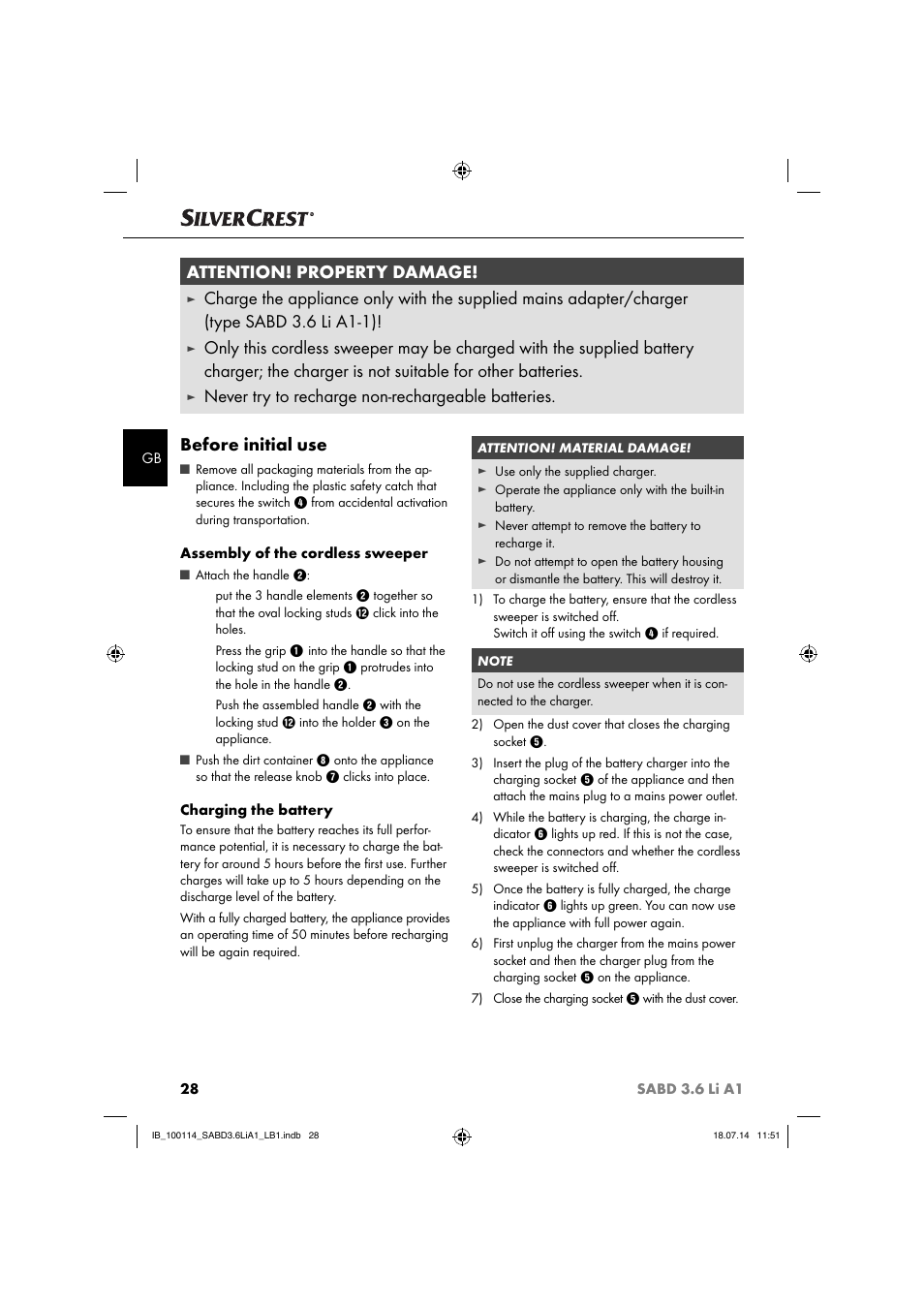 Attention! property damage | Silvercrest SABD 3.6 Li A1 User Manual | Page 31 / 36