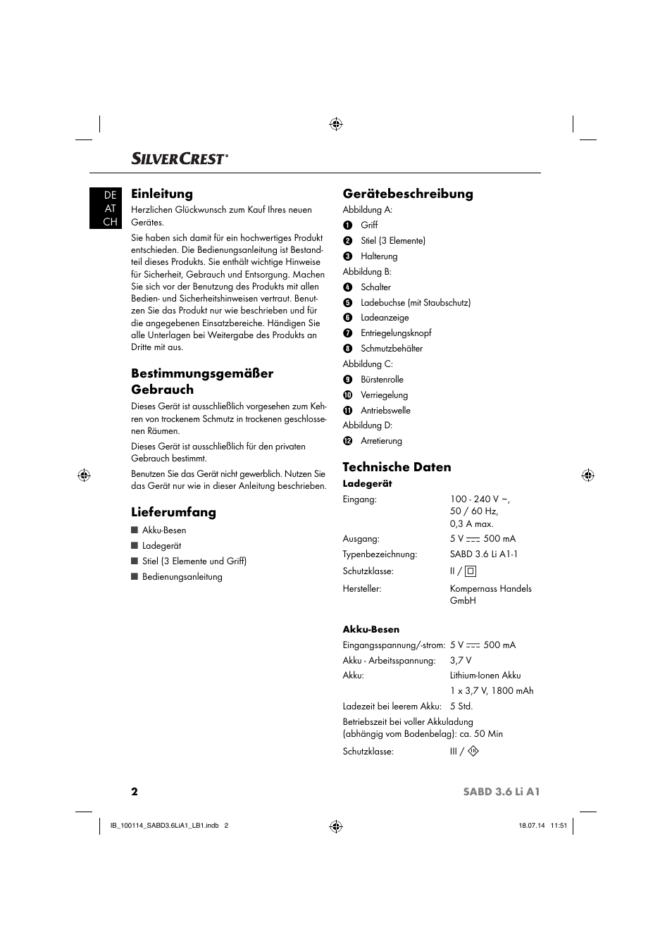 Einleitung, Bestimmungsgemäßer gebrauch, Lieferumfang | Gerätebeschreibung, Technische daten | Silvercrest SABD 3.6 Li A1 User Manual | Page 5 / 36