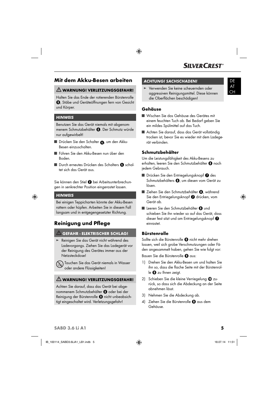 Mit dem akku-besen arbeiten, Reinigung und pﬂ ege | Silvercrest SABD 3.6 Li A1 User Manual | Page 8 / 36