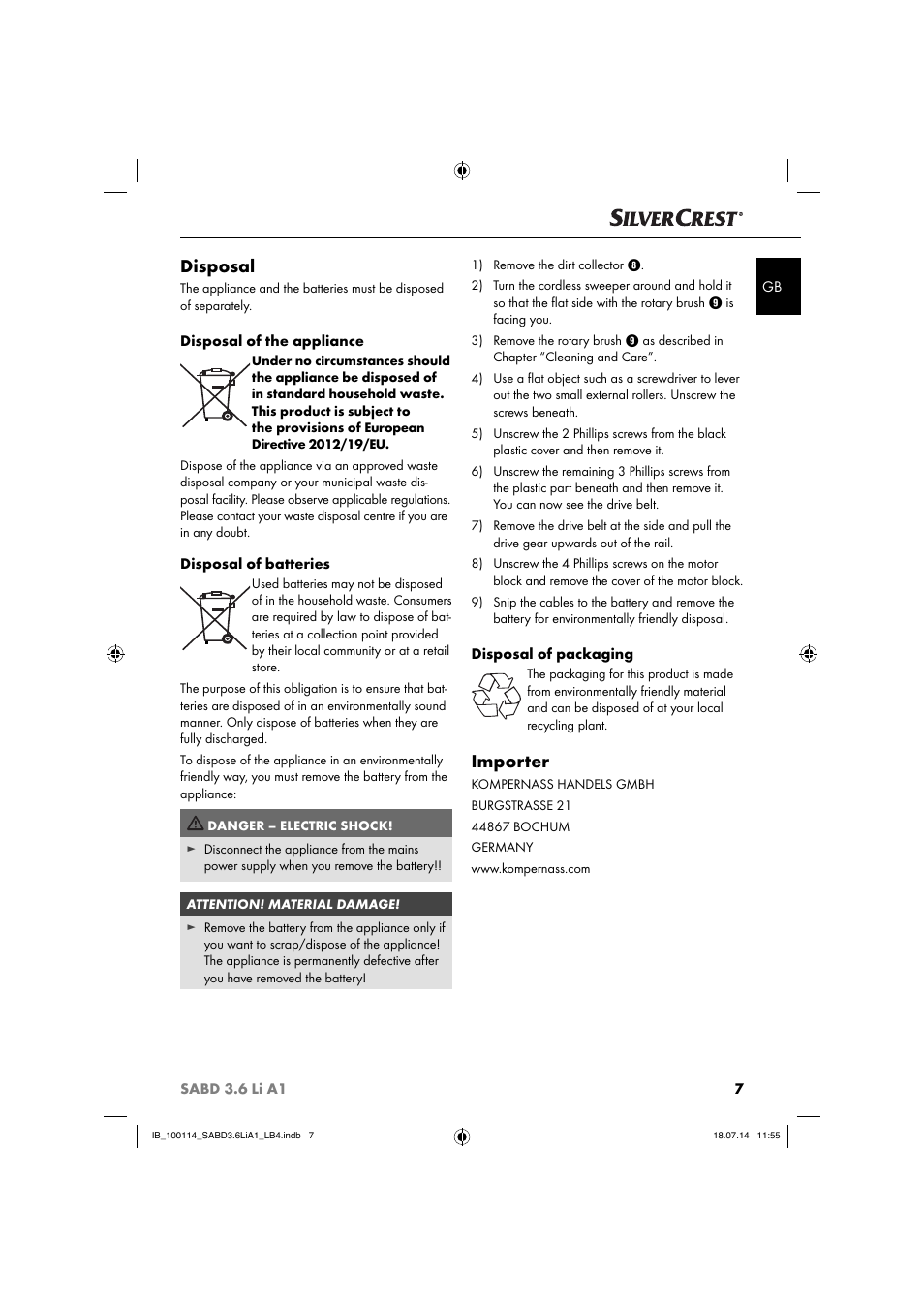 Disposal, Importer | Silvercrest SABD 3.6 Li A1 User Manual | Page 10 / 60