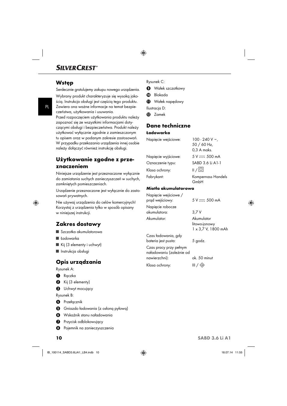 Wstęp, Użytkowanie zgodne z prze- znaczeniem, Zakres dostawy | Opis urządzania, Dane techniczne | Silvercrest SABD 3.6 Li A1 User Manual | Page 13 / 60