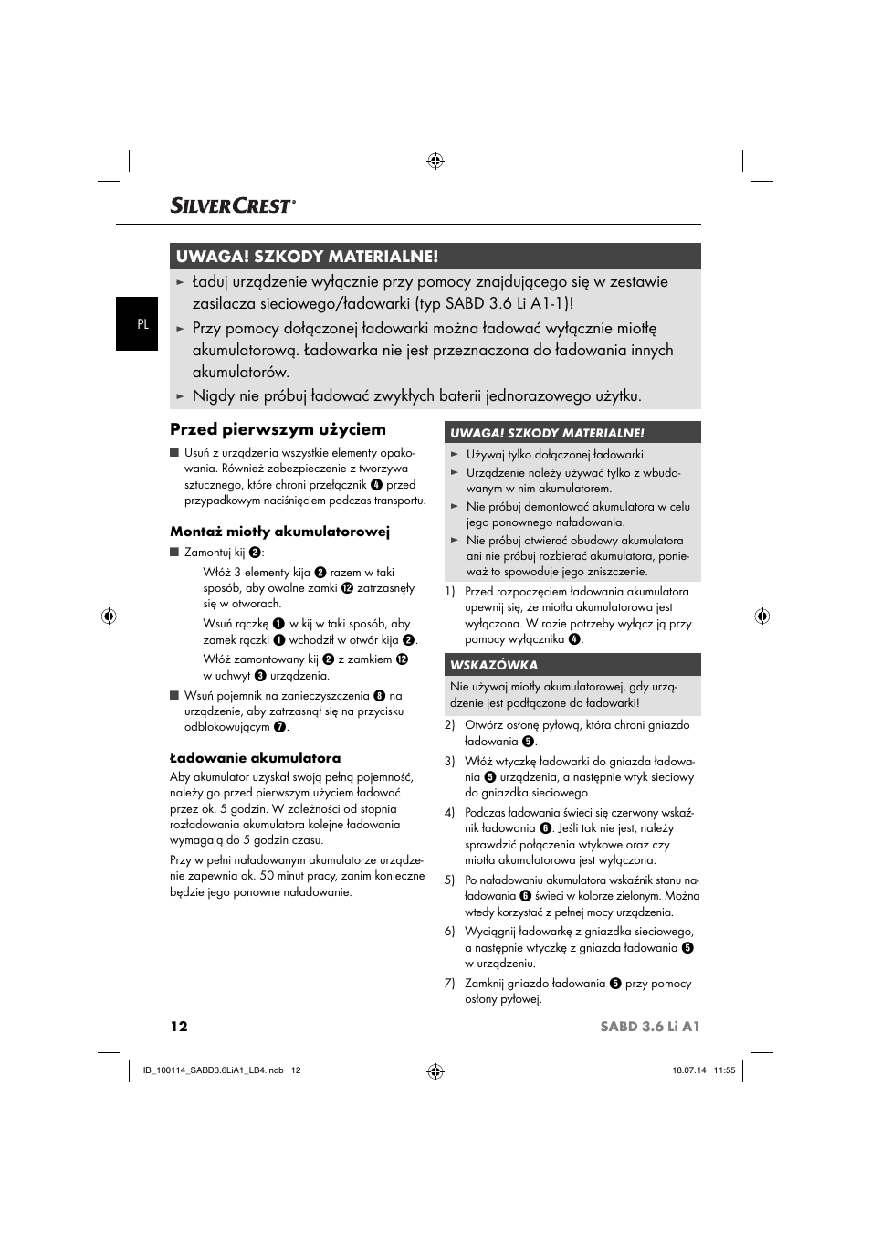 Uwaga! szkody materialne | Silvercrest SABD 3.6 Li A1 User Manual | Page 15 / 60