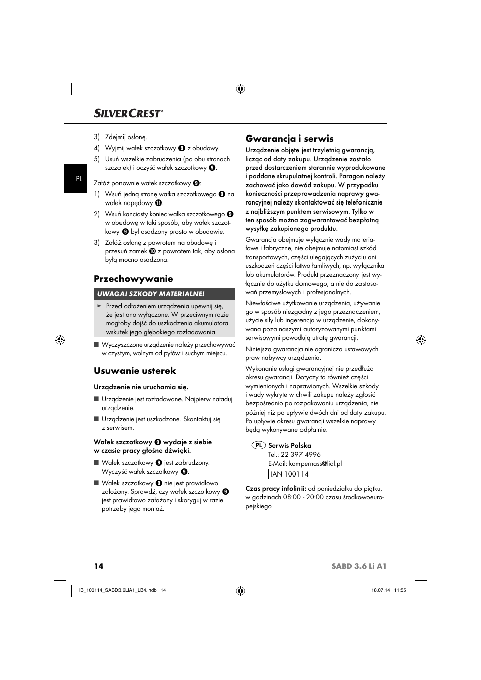 Przechowywanie, Usuwanie usterek, Gwarancja i serwis | Silvercrest SABD 3.6 Li A1 User Manual | Page 17 / 60