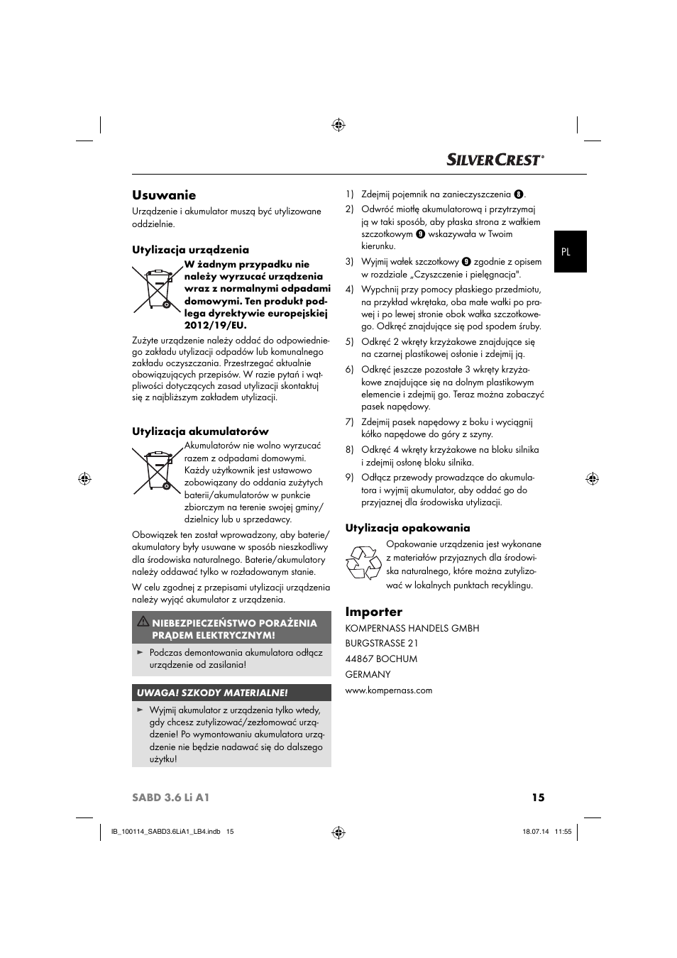 Usuwanie, Importer | Silvercrest SABD 3.6 Li A1 User Manual | Page 18 / 60