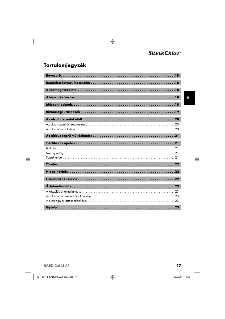 Tartalomjegyzék | Silvercrest SABD 3.6 Li A1 User Manual | Page 20 / 60