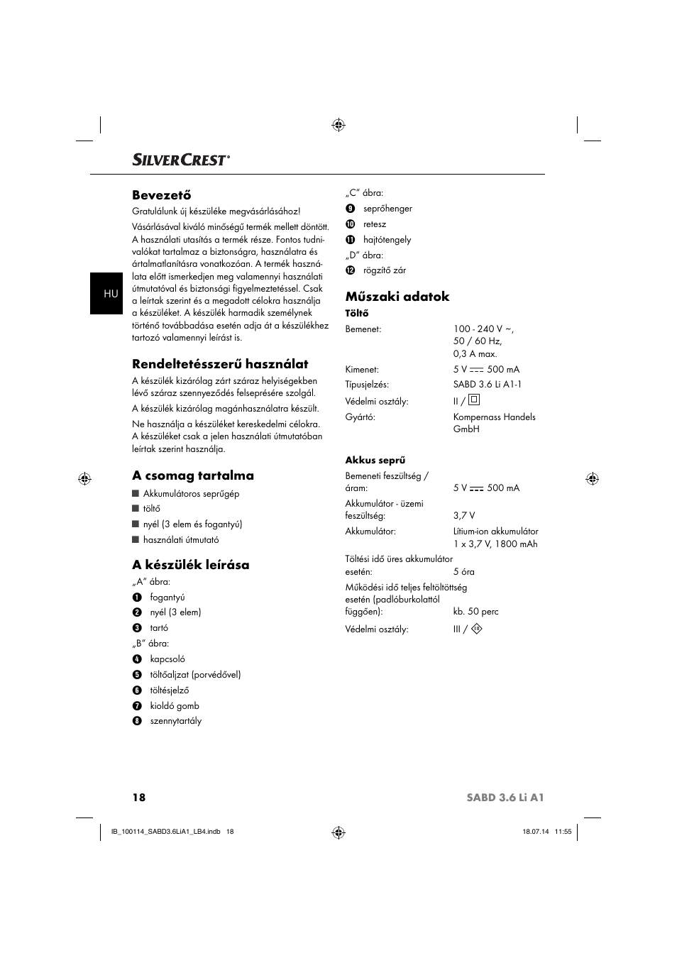 Bevezető, Rendeltetésszerű használat, A csomag tartalma | A készülék leírása, Műszaki adatok | Silvercrest SABD 3.6 Li A1 User Manual | Page 21 / 60