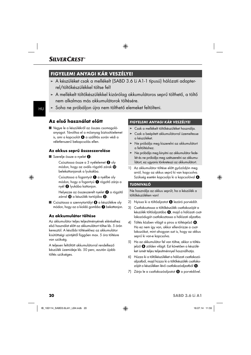 Figyelem! anyagi kár veszélye | Silvercrest SABD 3.6 Li A1 User Manual | Page 23 / 60