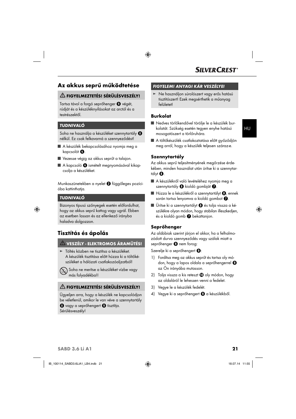 Az akkus seprű működtetése, Tisztítás és ápolás | Silvercrest SABD 3.6 Li A1 User Manual | Page 24 / 60