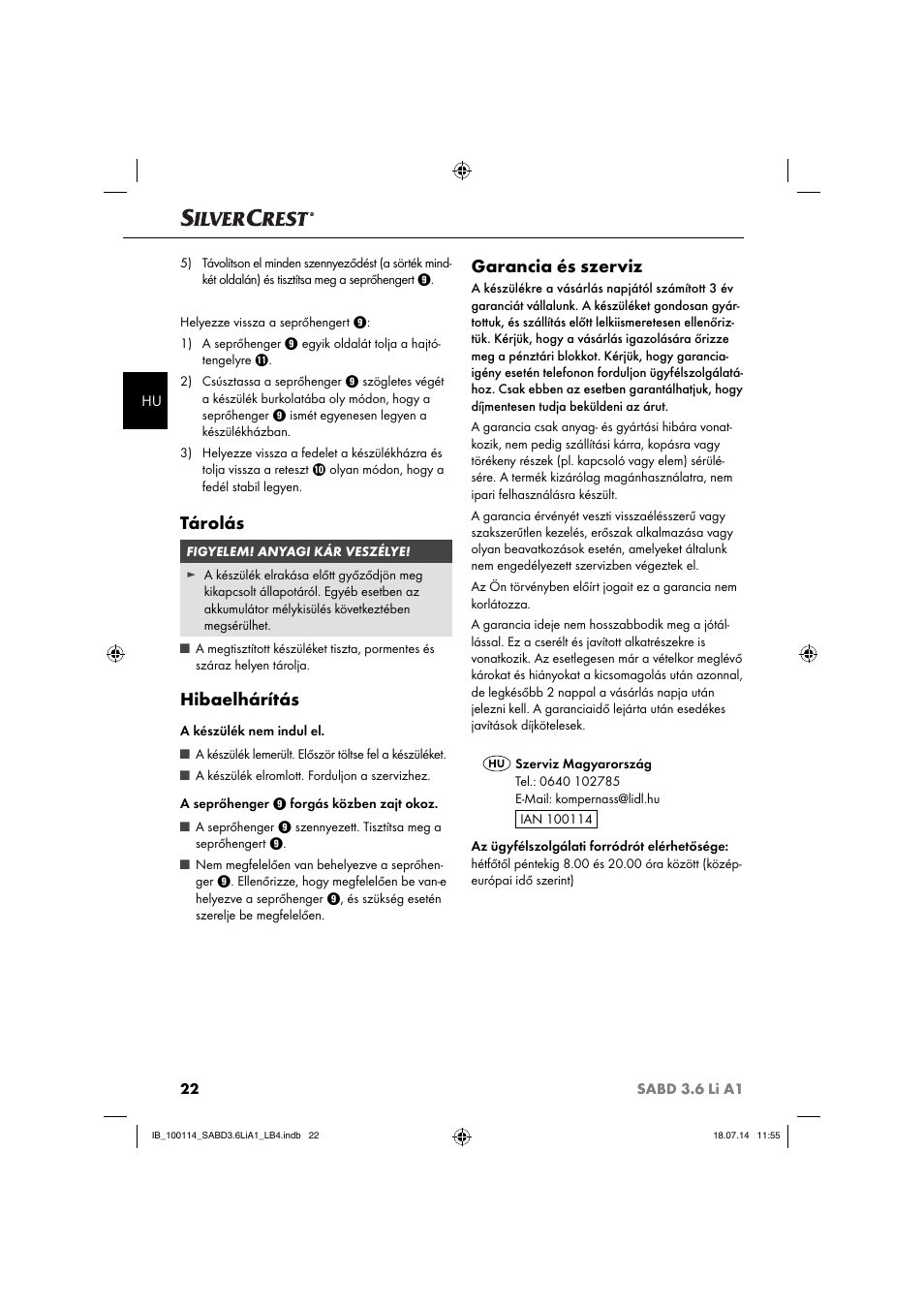 Tárolás, Hibaelhárítás, Garancia és szerviz | Silvercrest SABD 3.6 Li A1 User Manual | Page 25 / 60