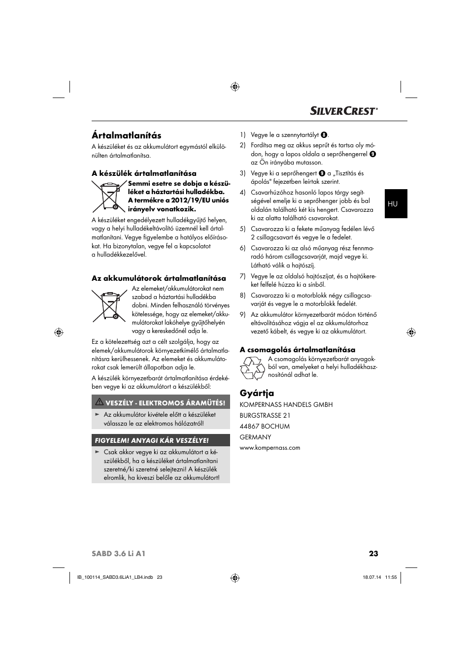 Ártalmatlanítás, Gyártja | Silvercrest SABD 3.6 Li A1 User Manual | Page 26 / 60