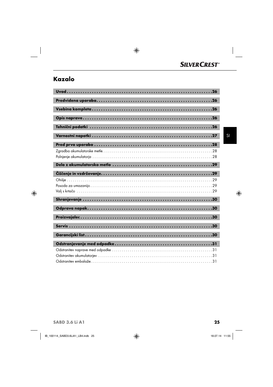 Kazalo | Silvercrest SABD 3.6 Li A1 User Manual | Page 28 / 60