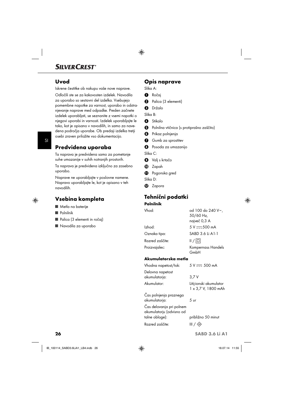 Uvod, Predvidena uporaba, Vsebina kompleta | Opis naprave, Tehnični podatki | Silvercrest SABD 3.6 Li A1 User Manual | Page 29 / 60
