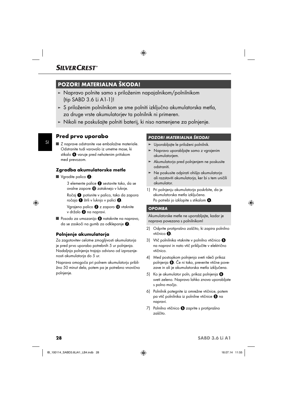 Pozor! materialna škoda | Silvercrest SABD 3.6 Li A1 User Manual | Page 31 / 60