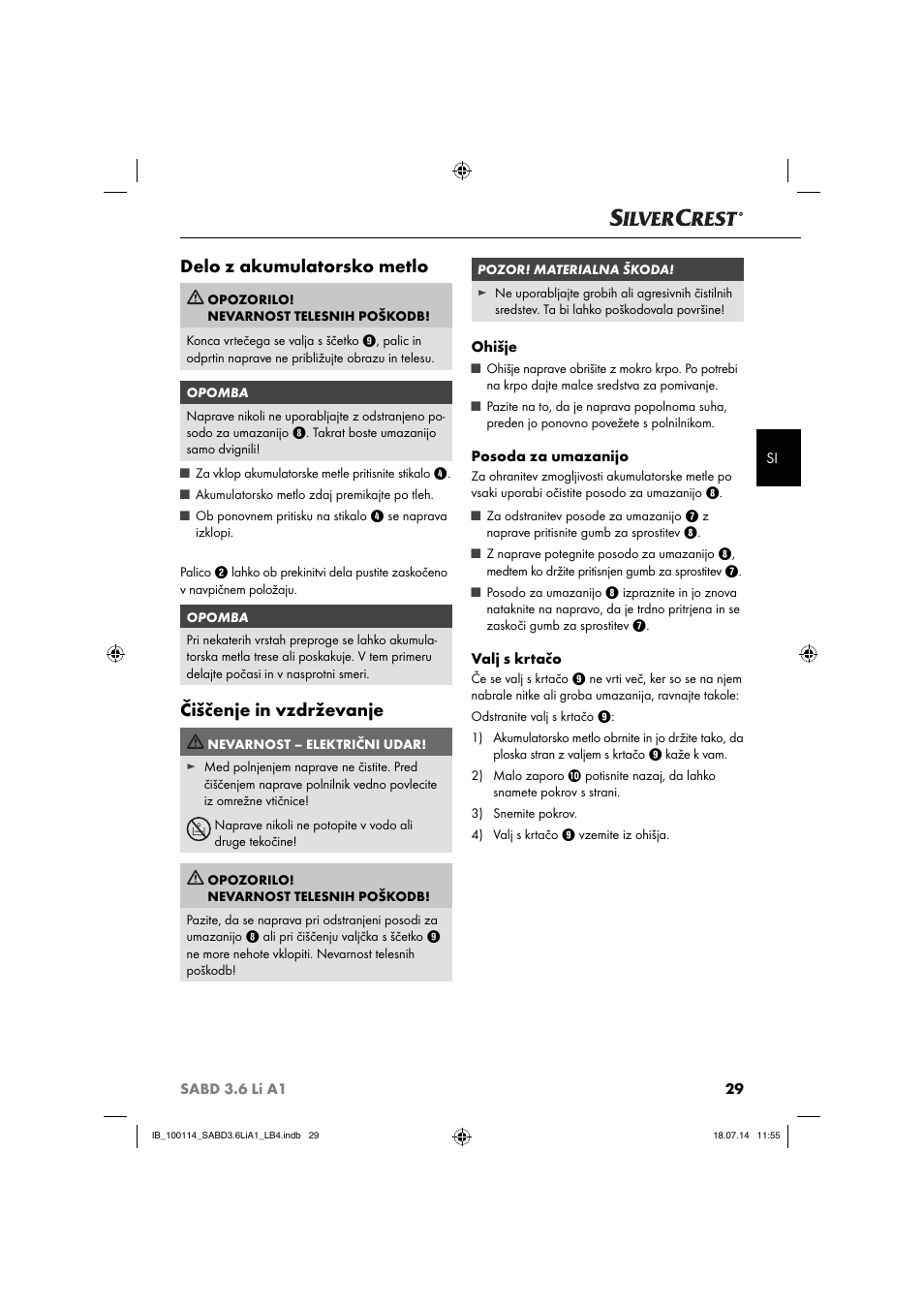 Delo z akumulatorsko metlo, Čiščenje in vzdrževanje | Silvercrest SABD 3.6 Li A1 User Manual | Page 32 / 60