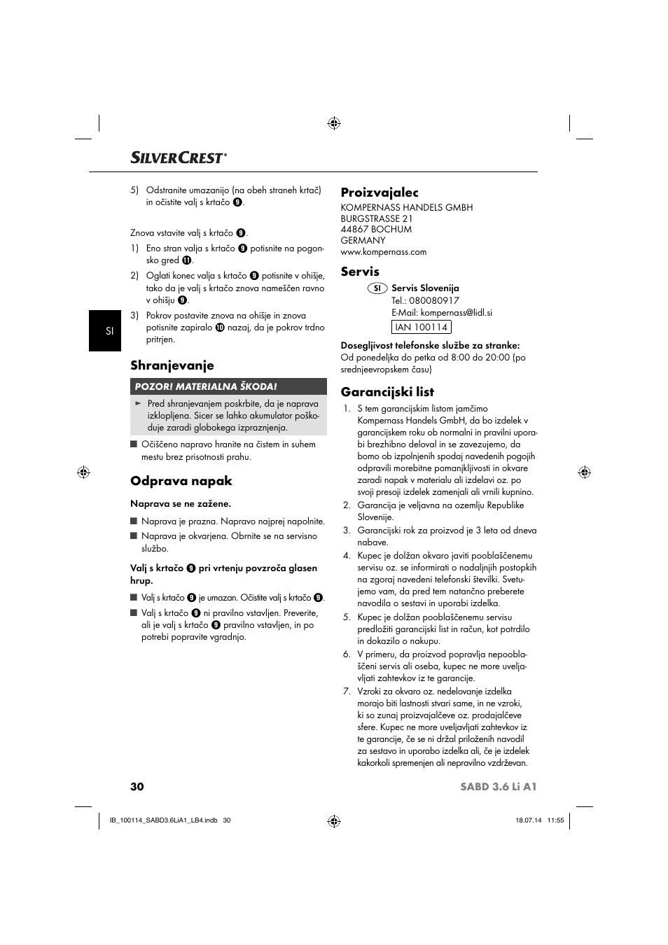 Shranjevanje, Odprava napak, Proizvajalec | Servis, Garancijski list | Silvercrest SABD 3.6 Li A1 User Manual | Page 33 / 60