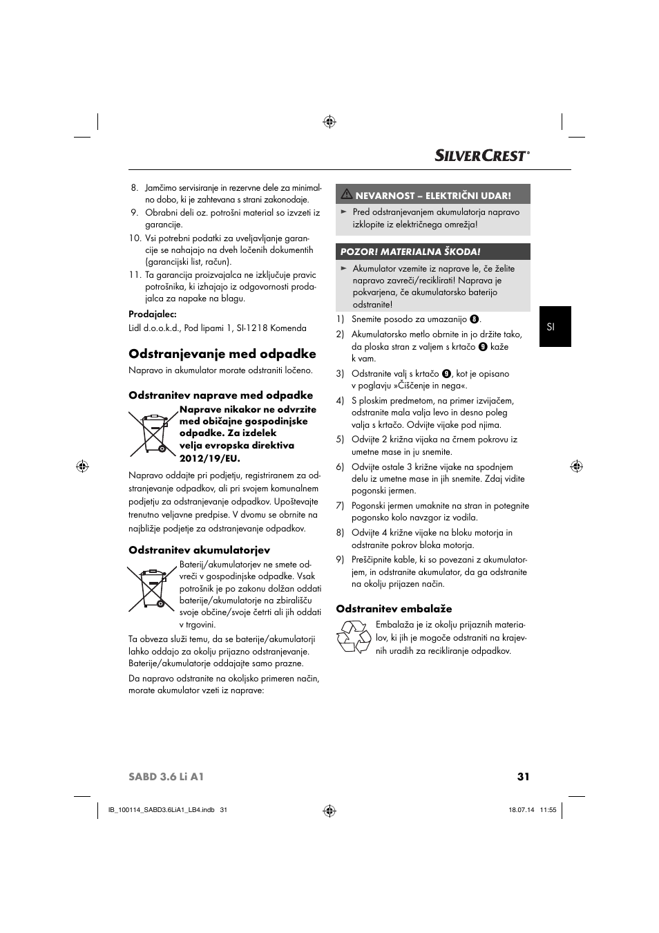 Odstranjevanje med odpadke | Silvercrest SABD 3.6 Li A1 User Manual | Page 34 / 60