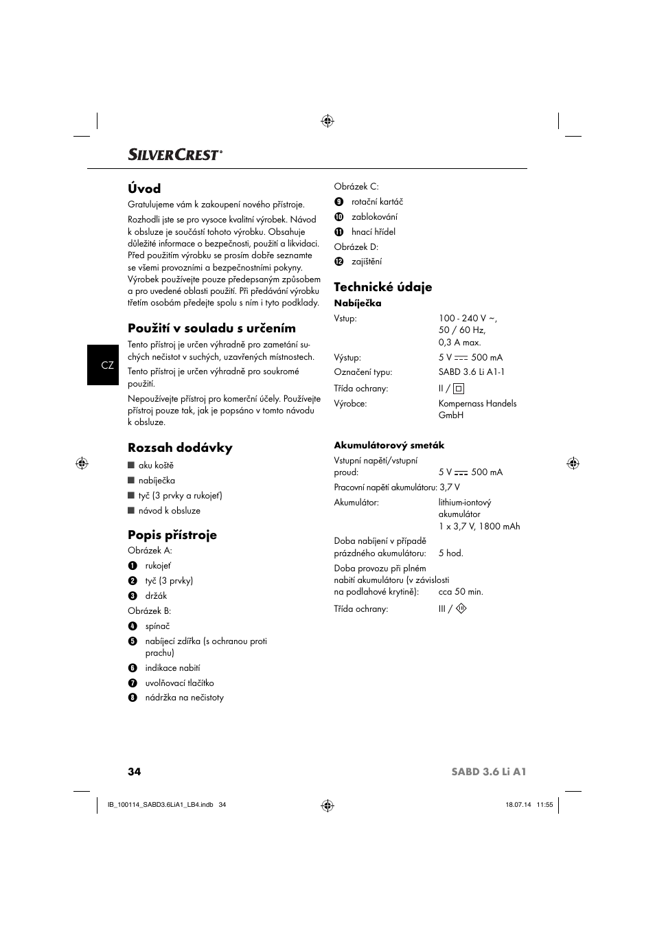 Úvod, Použití v souladu s určením, Rozsah dodávky | Popis přístroje, Technické údaje | Silvercrest SABD 3.6 Li A1 User Manual | Page 37 / 60