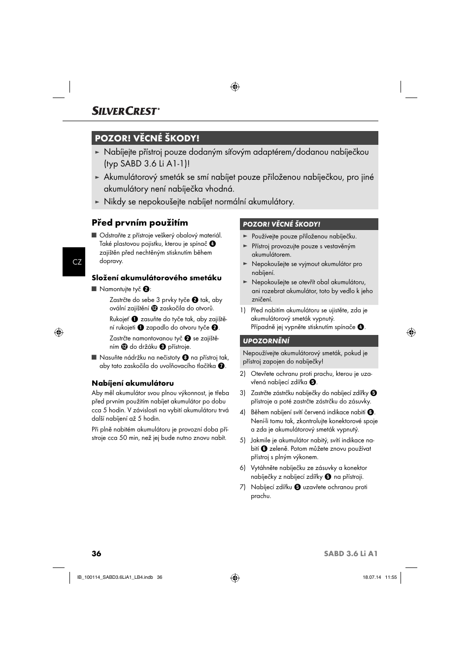 Pozor! věcné škody | Silvercrest SABD 3.6 Li A1 User Manual | Page 39 / 60