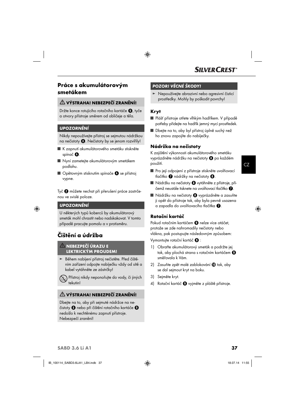 Práce s akumulátorovým smetákem, Čištění a údržba | Silvercrest SABD 3.6 Li A1 User Manual | Page 40 / 60