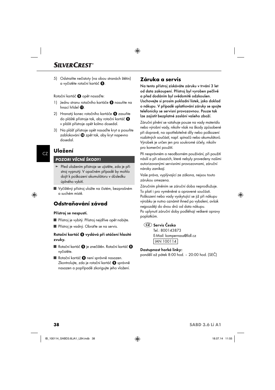 Uložení, Odstraňování závad, Záruka a servis | Silvercrest SABD 3.6 Li A1 User Manual | Page 41 / 60