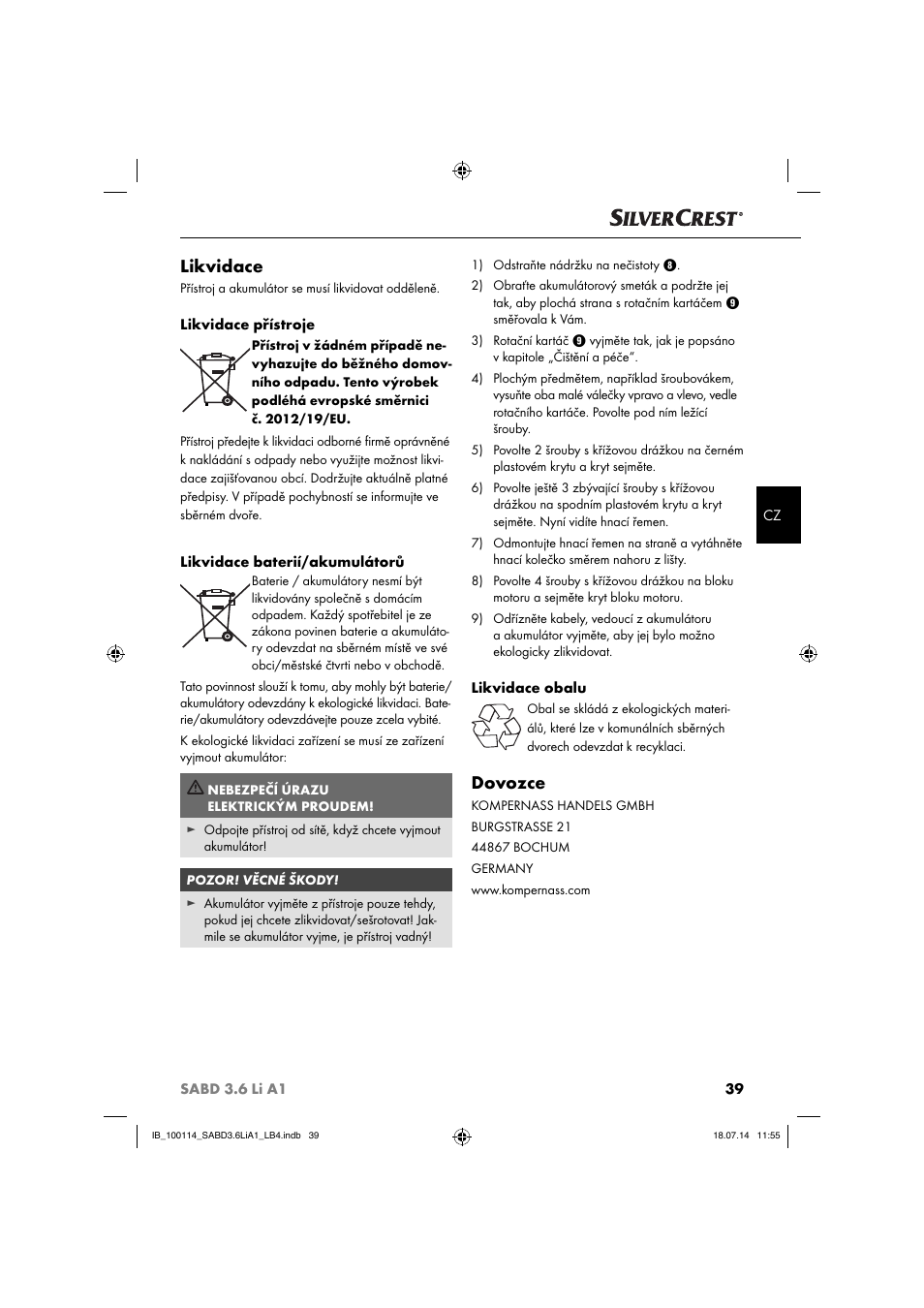 Likvidace, Dovozce | Silvercrest SABD 3.6 Li A1 User Manual | Page 42 / 60