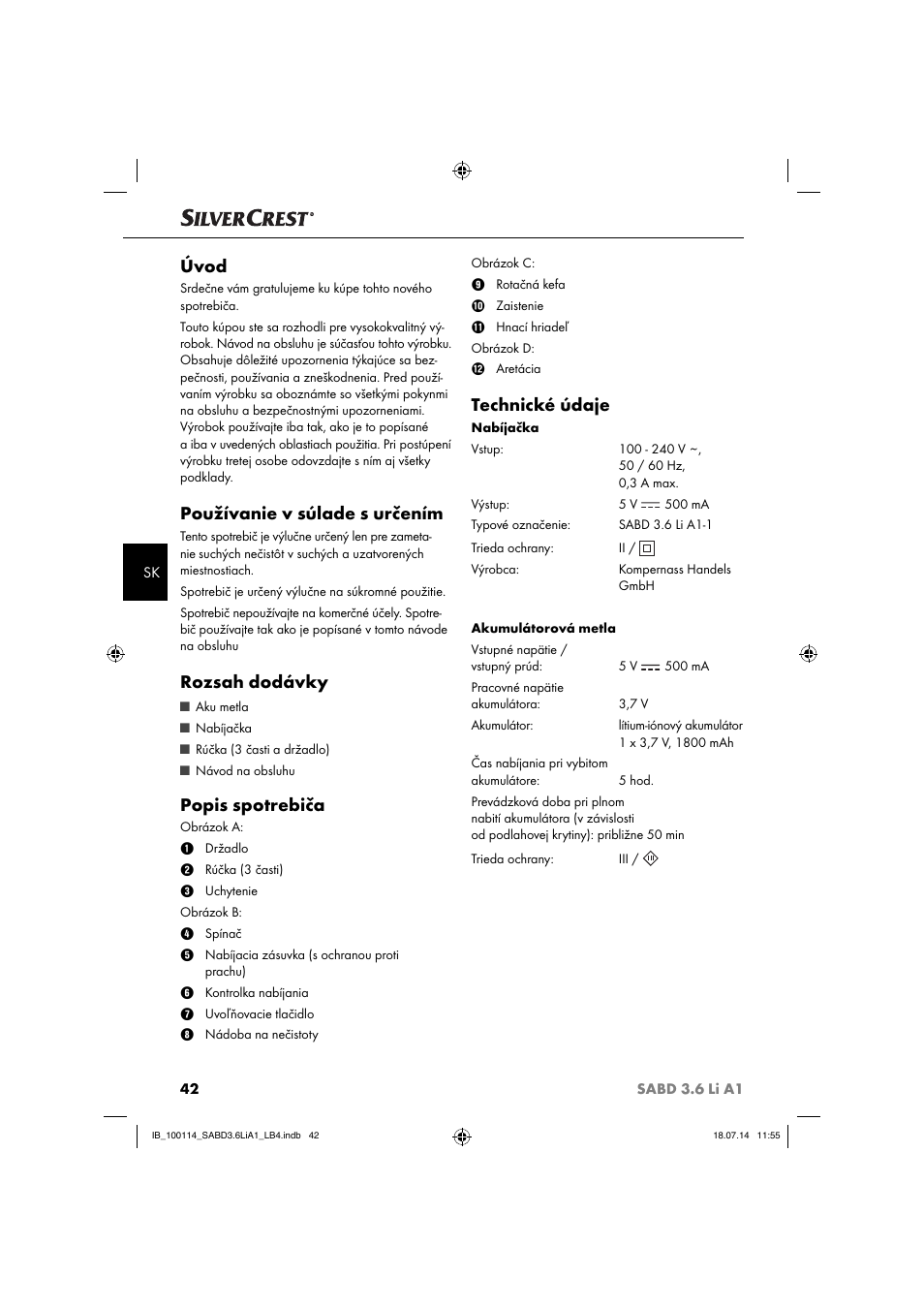 Úvod, Používanie v súlade s určením, Rozsah dodávky | Popis spotrebiča, Technické údaje | Silvercrest SABD 3.6 Li A1 User Manual | Page 45 / 60