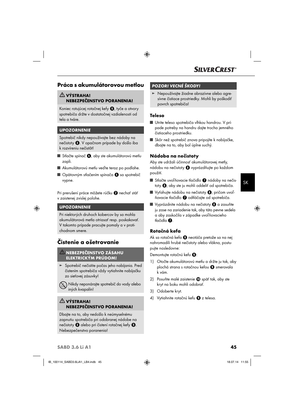 Práca s akumulátorovou metlou, Čistenie a ošetrovanie | Silvercrest SABD 3.6 Li A1 User Manual | Page 48 / 60