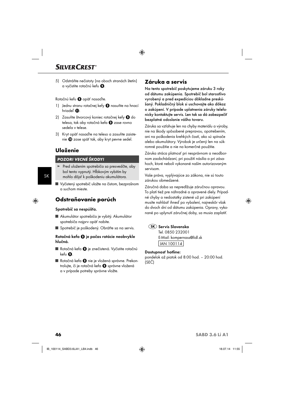 Uloženie, Odstraňovanie porúch, Záruka a servis | Silvercrest SABD 3.6 Li A1 User Manual | Page 49 / 60